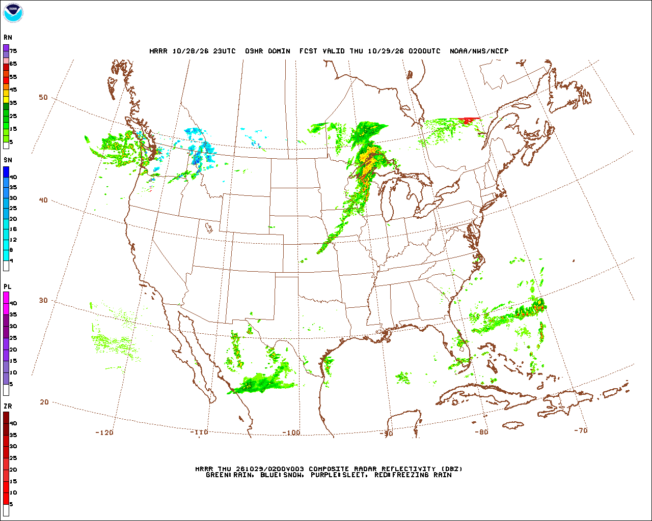 HRRR forecast from NCEP’s MAG: simulated composite reflectivity (dbz), run 23Z, hour +3, valid Thu 02Z. Simulated by the model, not observed. Its key is in the picture. Opens the picture at full size.