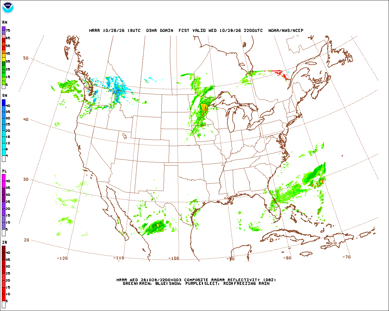 HRRR forecast from NCEP’s MAG: simulated composite reflectivity (dbz), run 19Z, hour +3, valid Wed 22Z. Simulated by the model, not observed. Its key is in the picture. Opens the picture at full size.