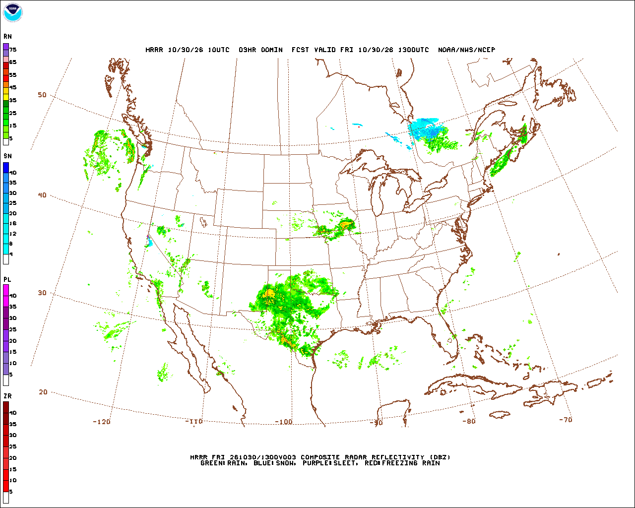 HRRR forecast from NCEP’s MAG: simulated composite reflectivity (dbz), run 10Z, hour +3, valid Fri 13Z. Simulated by the model, not observed. Its key is in the picture. Opens the picture at full size.