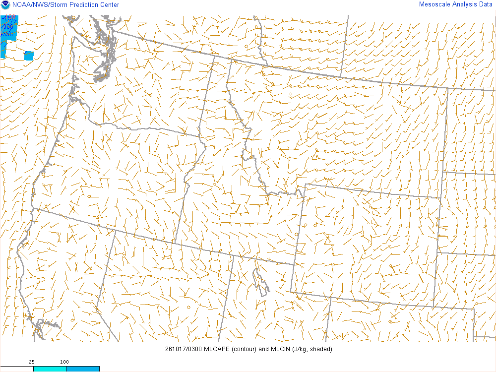 SPC mesoanalysis map, Mixed-layer CAPE and CIN, Northwest region, analysis for 03Z. Its key and units are in SPC’s picture; what it shows is described beside it.