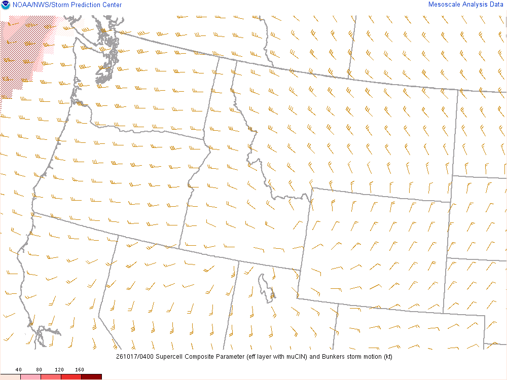 SPC mesoanalysis map, Supercell composite parameter, Northwest region, analysis for 04Z. Its key and units are in SPC’s picture; what it shows is described beside it.
