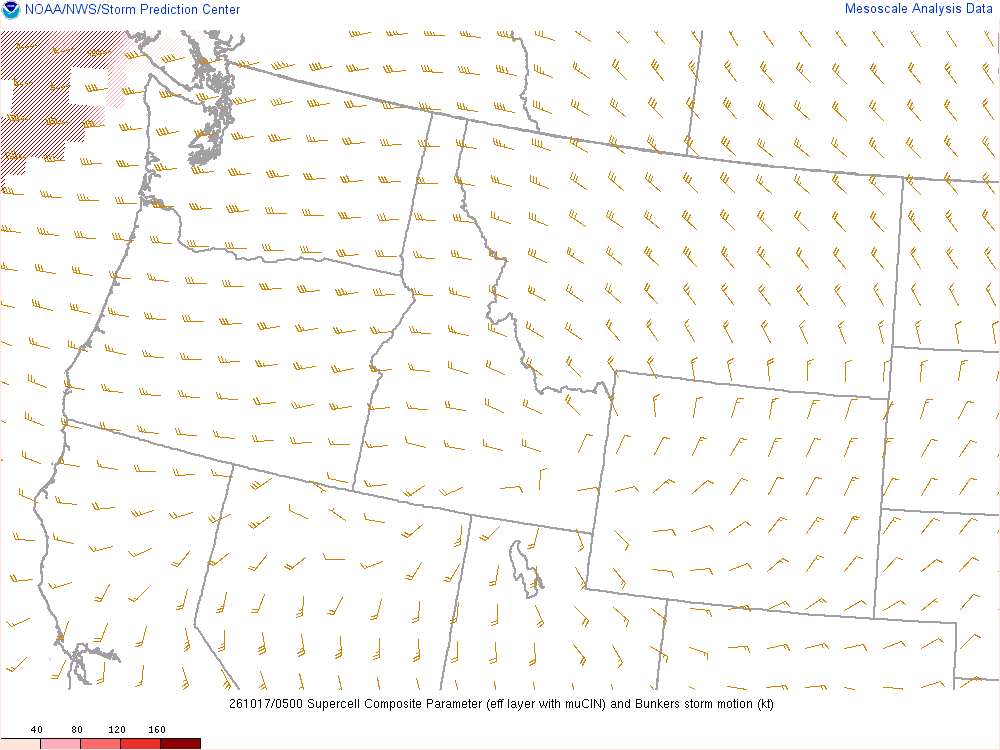 SPC mesoanalysis map, Supercell composite parameter, Northwest region, analysis for 05Z. Its key and units are in SPC’s picture; what it shows is described beside it.