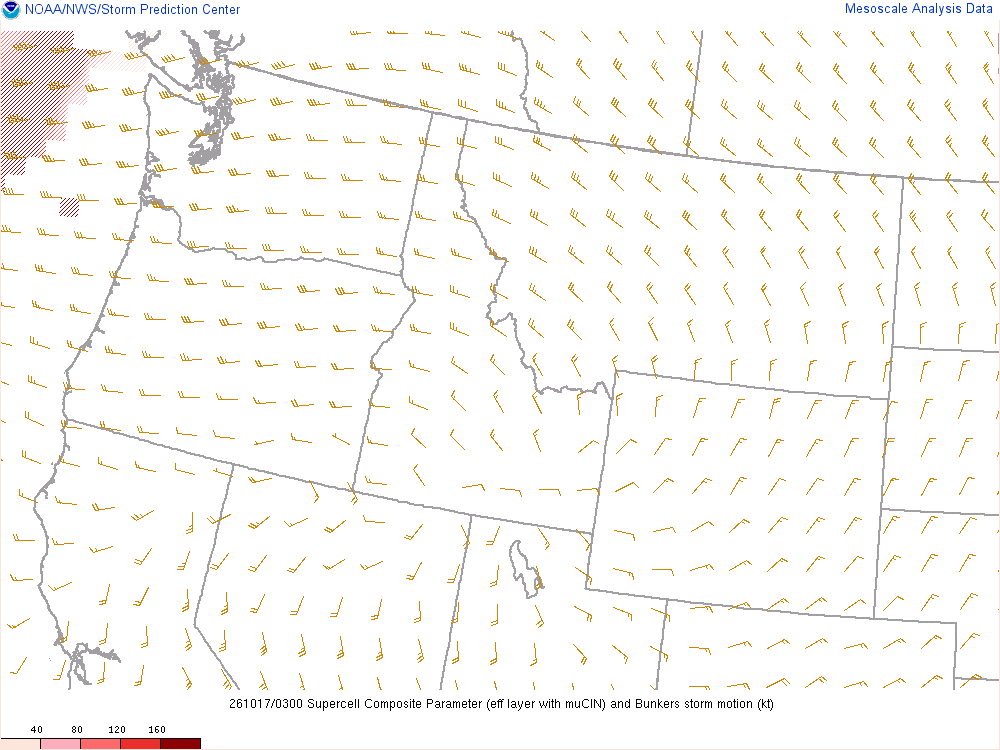 SPC mesoanalysis map, Supercell composite parameter, Northwest region, analysis for 03Z. Its key and units are in SPC’s picture; what it shows is described beside it.