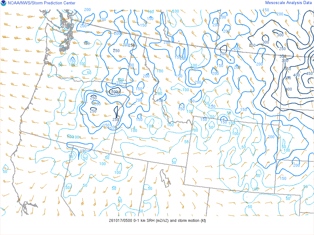 SPC mesoanalysis map, 0–1 km storm-relative helicity, Northwest region, analysis for 05Z. Its key and units are in SPC’s picture; what it shows is described beside it.