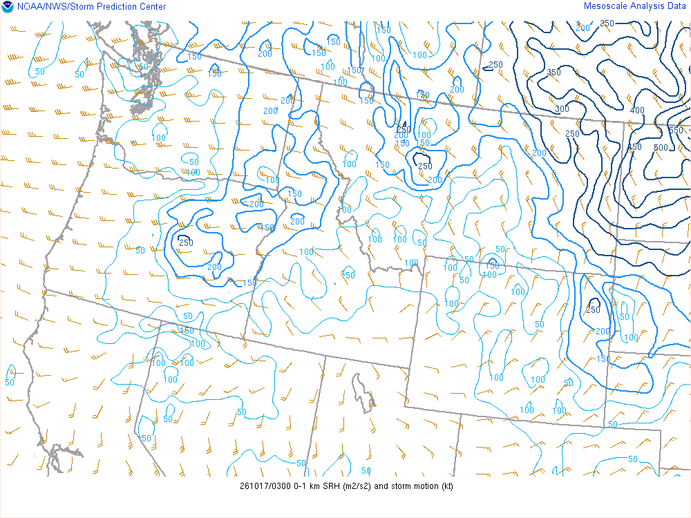 SPC mesoanalysis map, 0–1 km storm-relative helicity, Northwest region, analysis for 03Z. Its key and units are in SPC’s picture; what it shows is described beside it.