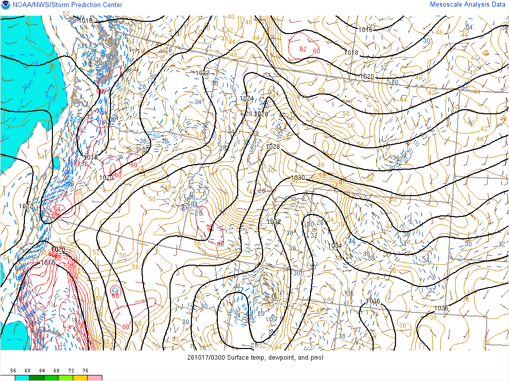 SPC mesoanalysis map, Surface temperature, dew point and sea-level pressure, Northwest region, analysis for 03Z. Its key and units are in SPC’s picture; what it shows is described beside it.