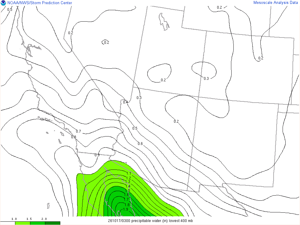 SPC mesoanalysis map, Precipitable water, Southwest region, analysis for 03Z. Its key and units are in SPC’s picture; what it shows is described beside it.
