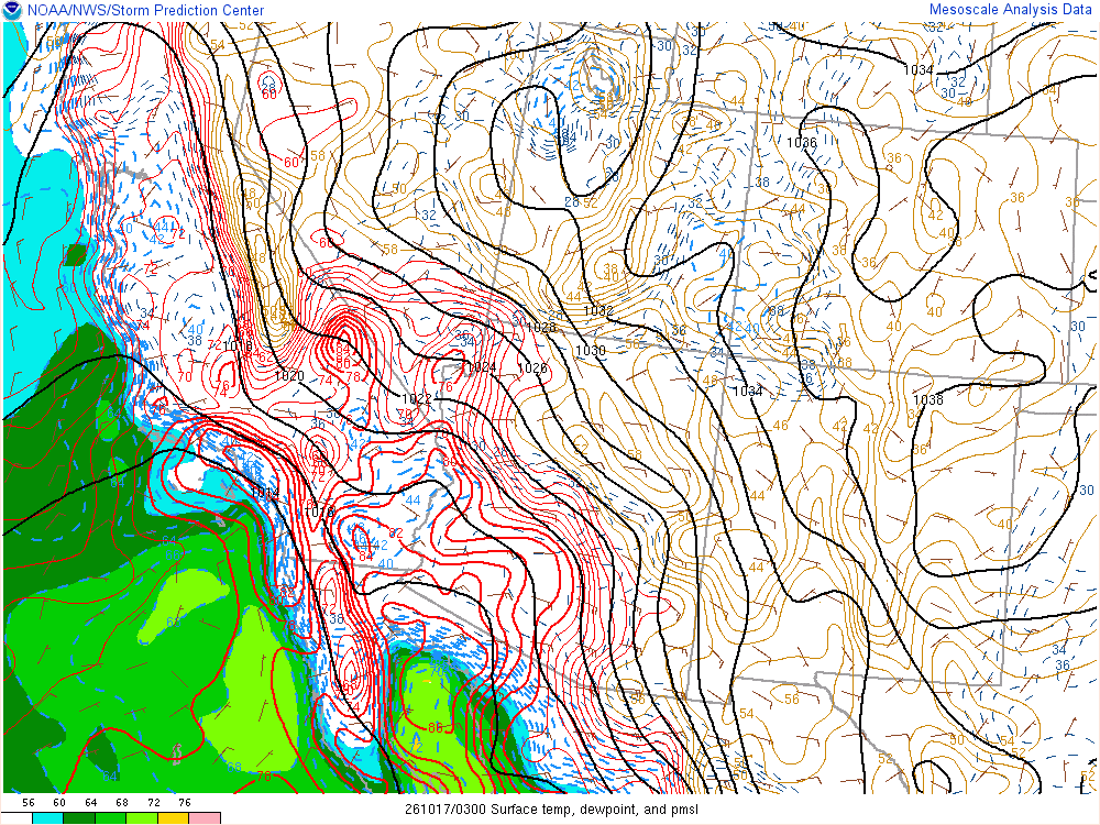 SPC mesoanalysis map, Surface temperature, dew point and sea-level pressure, Southwest region, analysis for 03Z. Its key and units are in SPC’s picture; what it shows is described beside it.