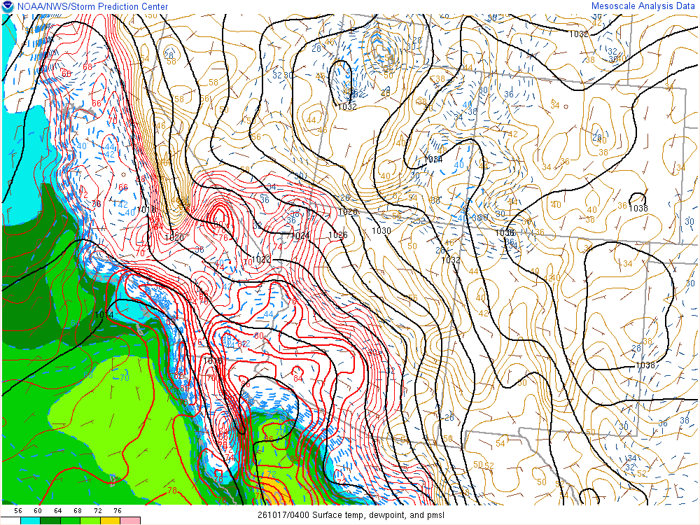 SPC mesoanalysis map, Surface temperature, dew point and sea-level pressure, Southwest region, analysis for 04Z. Its key and units are in SPC’s picture; what it shows is described beside it.