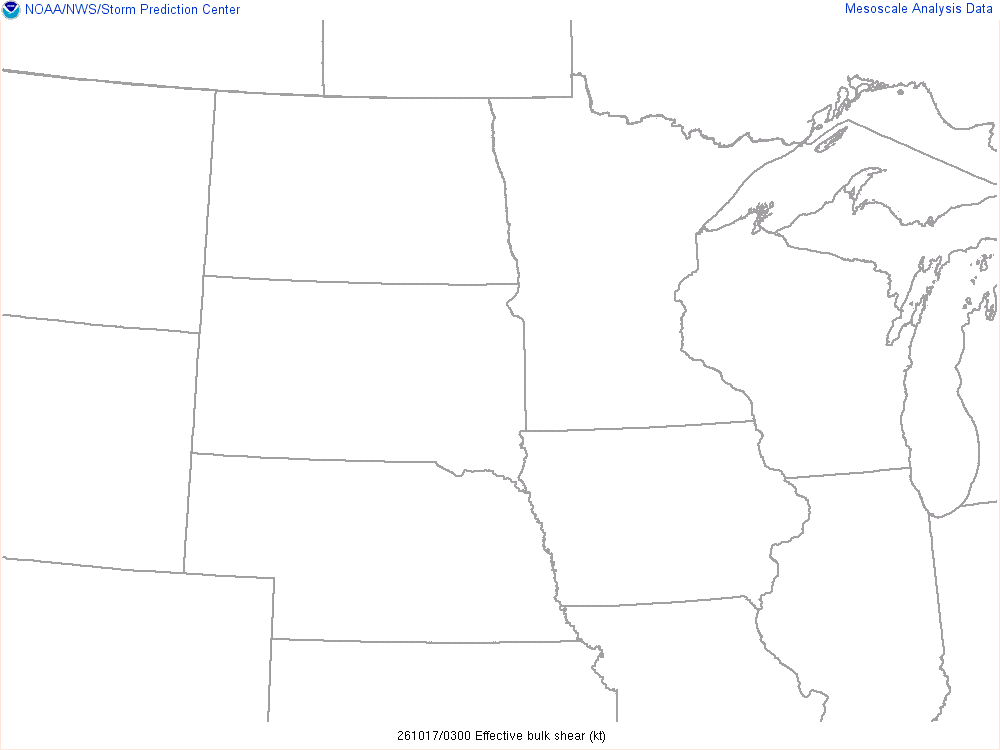 SPC mesoanalysis map, Effective bulk shear, Northern Plains region, analysis for 03Z. Its key and units are in SPC’s picture; what it shows is described beside it.