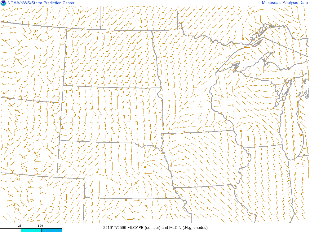 SPC mesoanalysis map, Mixed-layer CAPE and CIN, Northern Plains region, analysis for 05Z. Its key and units are in SPC’s picture; what it shows is described beside it.