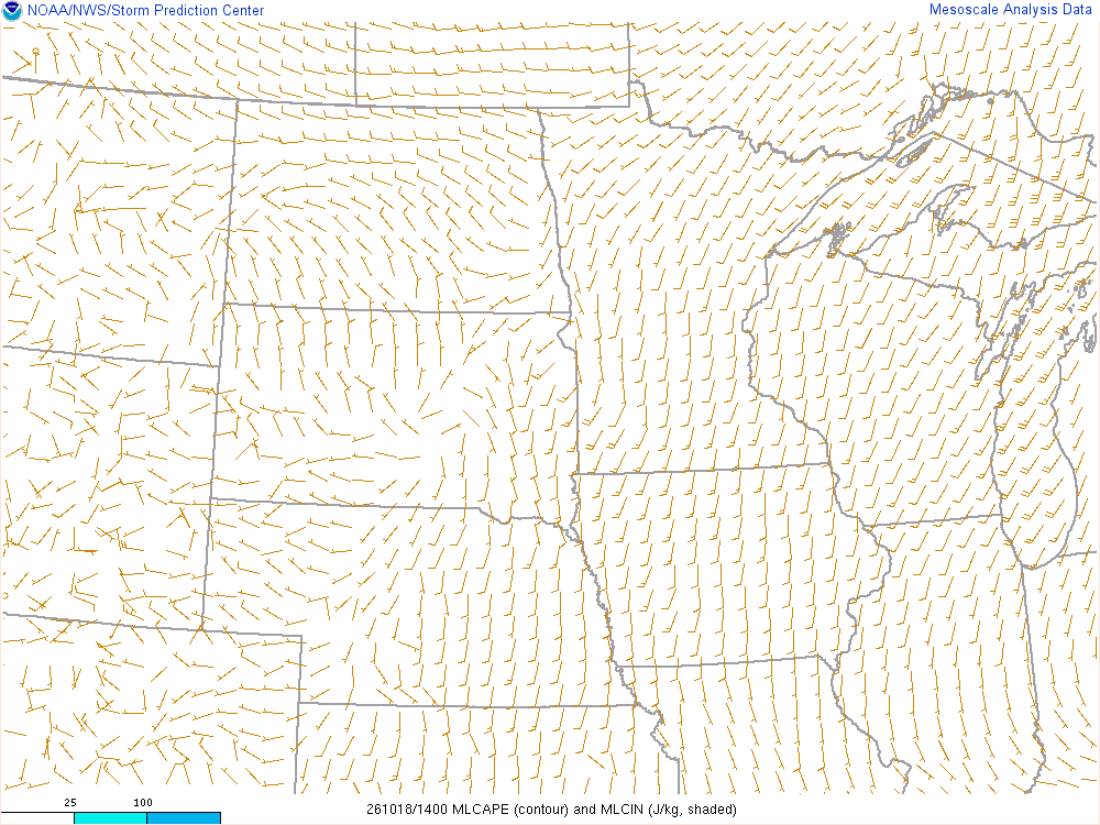 SPC mesoanalysis map, Mixed-layer CAPE and CIN, Northern Plains region, analysis for 14Z. Its key and units are in SPC’s picture; what it shows is described beside it.