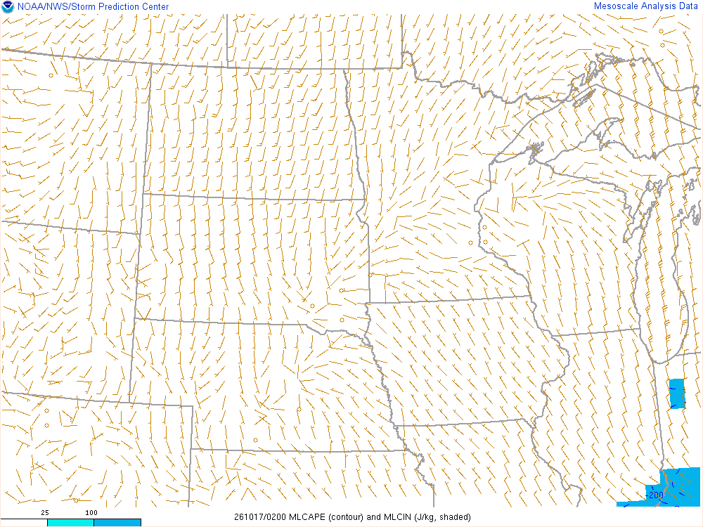SPC mesoanalysis map, Mixed-layer CAPE and CIN, Northern Plains region, analysis for 02Z. Its key and units are in SPC’s picture; what it shows is described beside it.