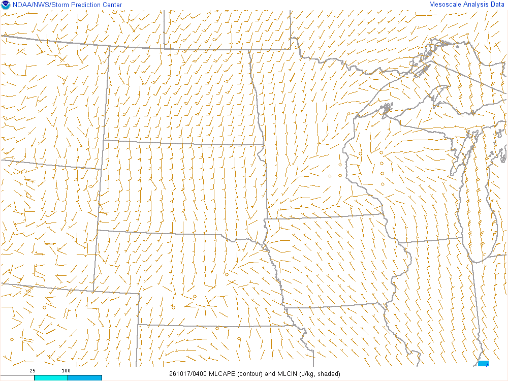 SPC mesoanalysis map, Mixed-layer CAPE and CIN, Northern Plains region, analysis for 04Z. Its key and units are in SPC’s picture; what it shows is described beside it.