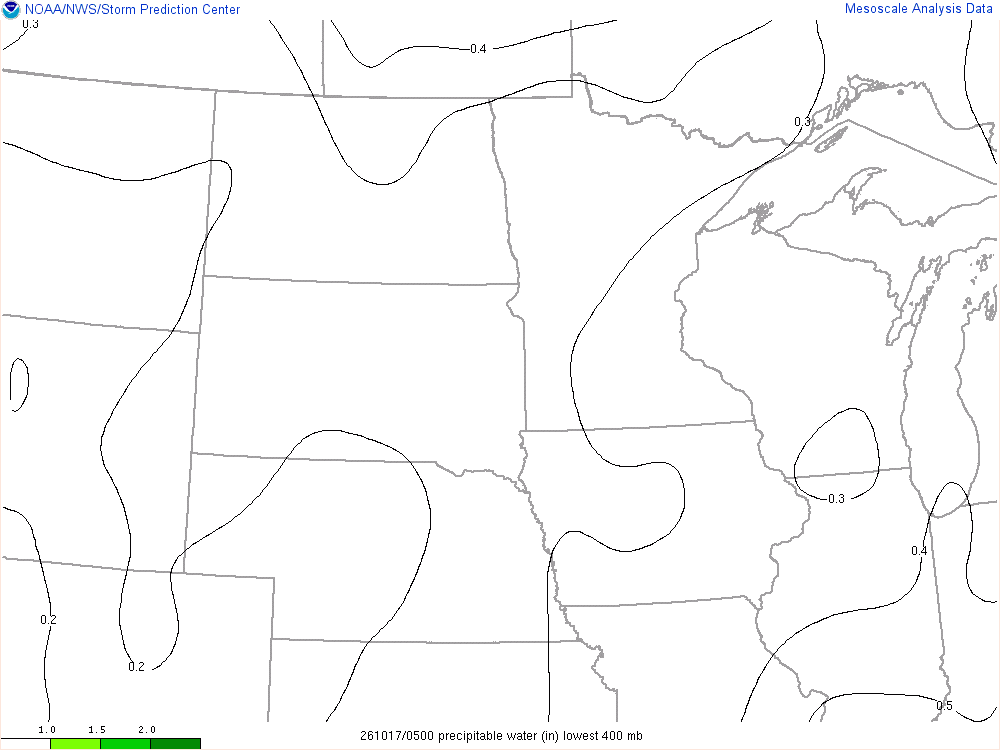 SPC mesoanalysis map, Precipitable water, Northern Plains region, analysis for 05Z. Its key and units are in SPC’s picture; what it shows is described beside it.