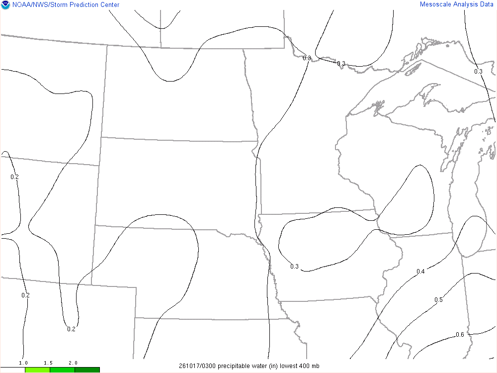 SPC mesoanalysis map, Precipitable water, Northern Plains region, analysis for 03Z. Its key and units are in SPC’s picture; what it shows is described beside it.
