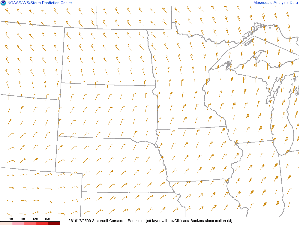 SPC mesoanalysis map, Supercell composite parameter, Northern Plains region, analysis for 05Z. Its key and units are in SPC’s picture; what it shows is described beside it.