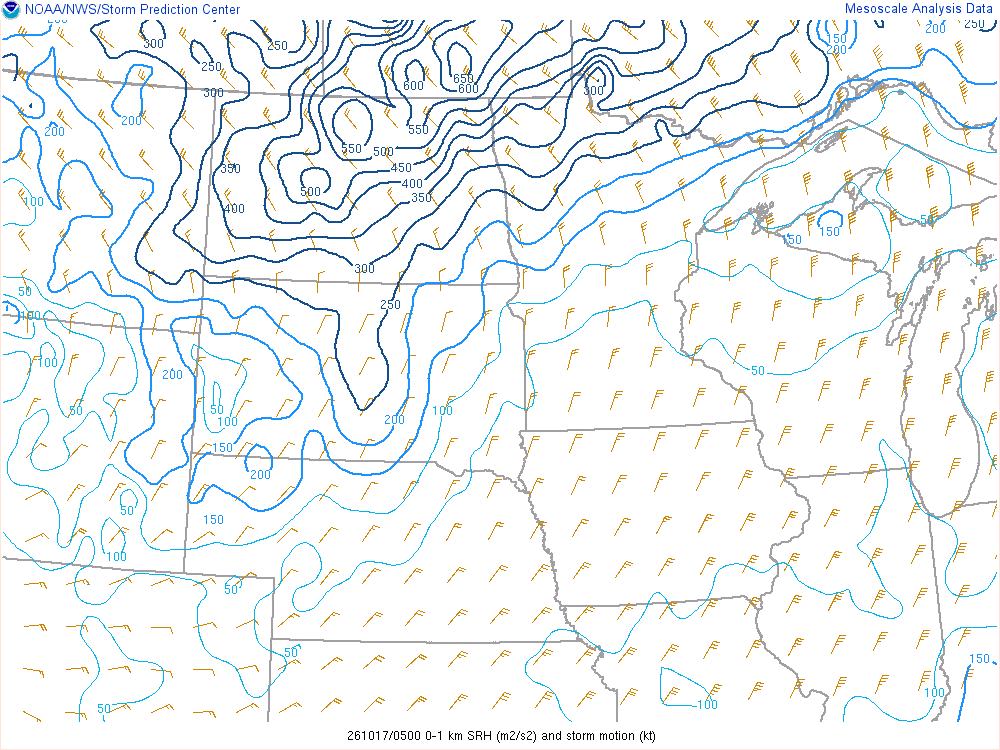SPC mesoanalysis map, 0–1 km storm-relative helicity, Northern Plains region, analysis for 05Z. Its key and units are in SPC’s picture; what it shows is described beside it.