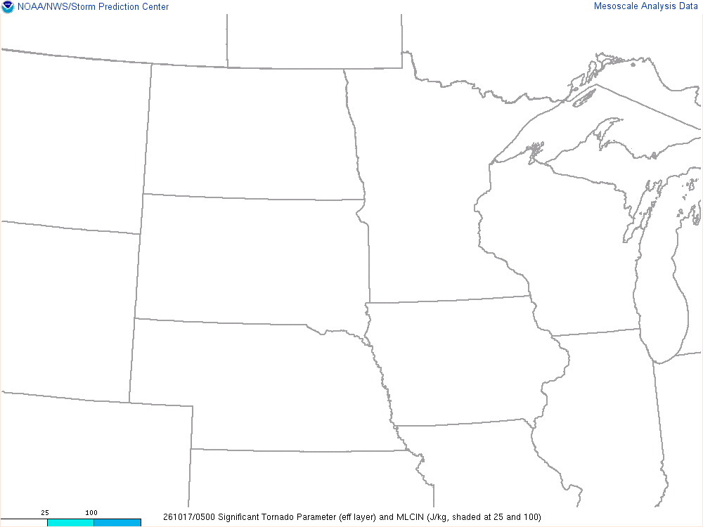 SPC mesoanalysis map, Significant tornado parameter (effective layer), Northern Plains region, analysis for 05Z. Its key and units are in SPC’s picture; what it shows is described beside it.