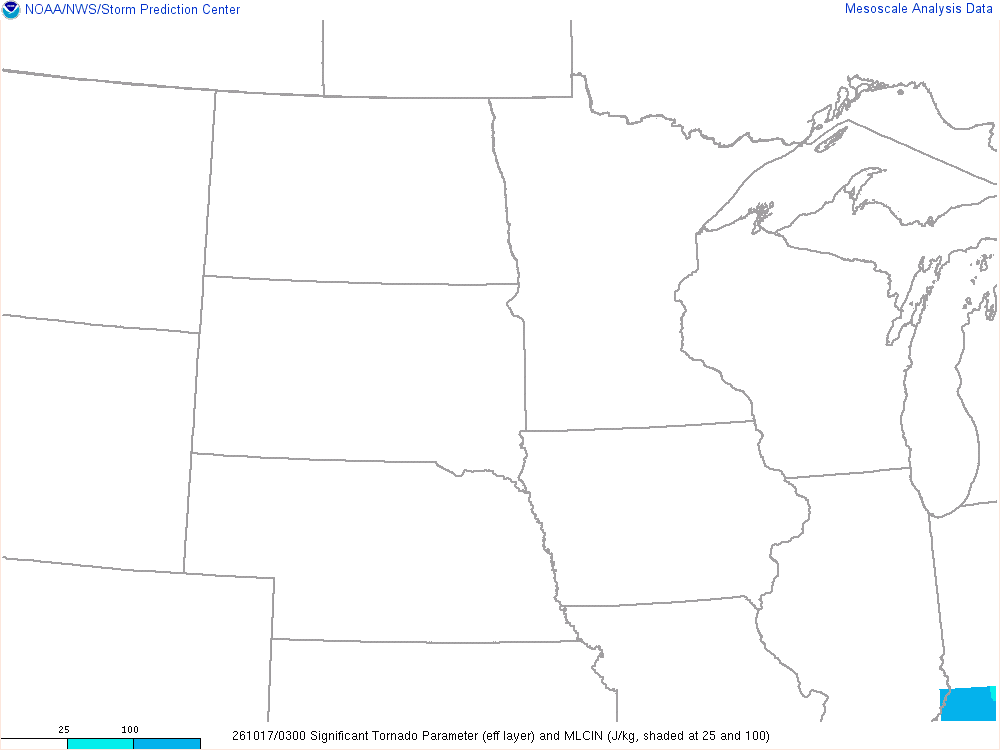 SPC mesoanalysis map, Significant tornado parameter (effective layer), Northern Plains region, analysis for 03Z. Its key and units are in SPC’s picture; what it shows is described beside it.