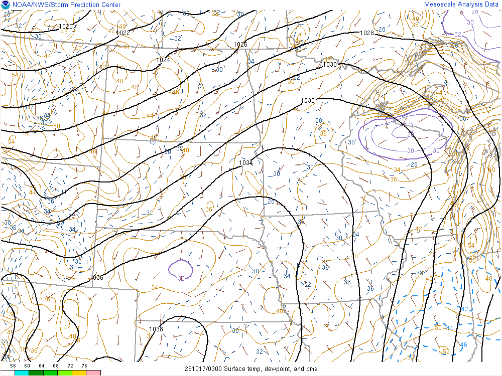 SPC mesoanalysis map, Surface temperature, dew point and sea-level pressure, Northern Plains region, analysis for 03Z. Its key and units are in SPC’s picture; what it shows is described beside it.