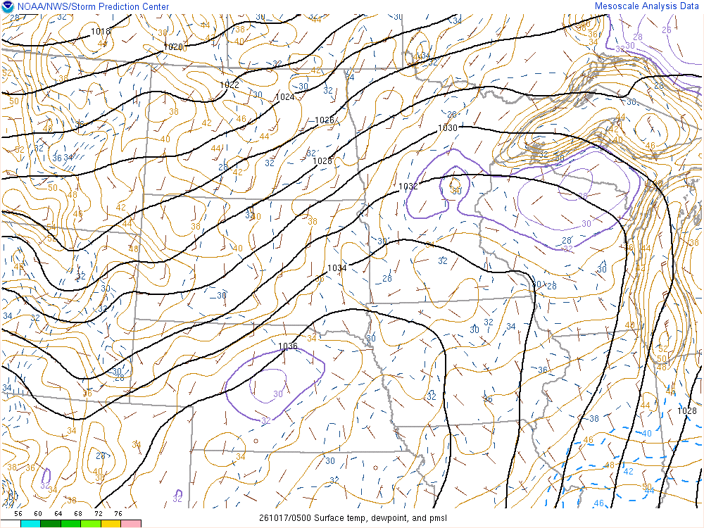 SPC mesoanalysis map, Surface temperature, dew point and sea-level pressure, Northern Plains region, analysis for 05Z. Its key and units are in SPC’s picture; what it shows is described beside it.