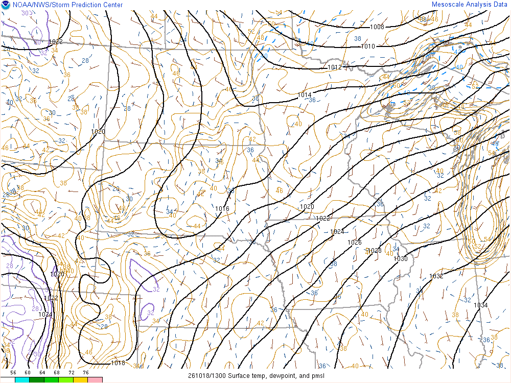 SPC mesoanalysis map, Surface temperature, dew point and sea-level pressure, Northern Plains region, analysis for 13Z. Its key and units are in SPC’s picture; what it shows is described beside it.