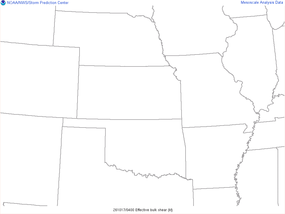 SPC mesoanalysis map, Effective bulk shear, Central Plains region, analysis for 04Z. Its key and units are in SPC’s picture; what it shows is described beside it.