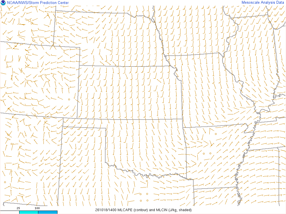 SPC mesoanalysis map, Mixed-layer CAPE and CIN, Central Plains region, analysis for 14Z. Its key and units are in SPC’s picture; what it shows is described beside it.