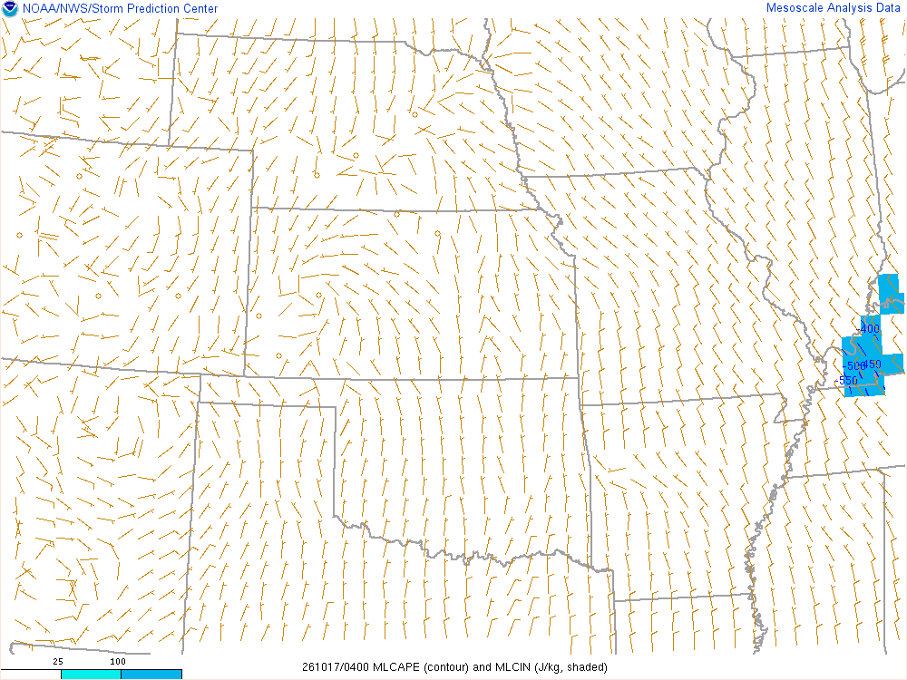 SPC mesoanalysis map, Mixed-layer CAPE and CIN, Central Plains region, analysis for 04Z. Its key and units are in SPC’s picture; what it shows is described beside it.