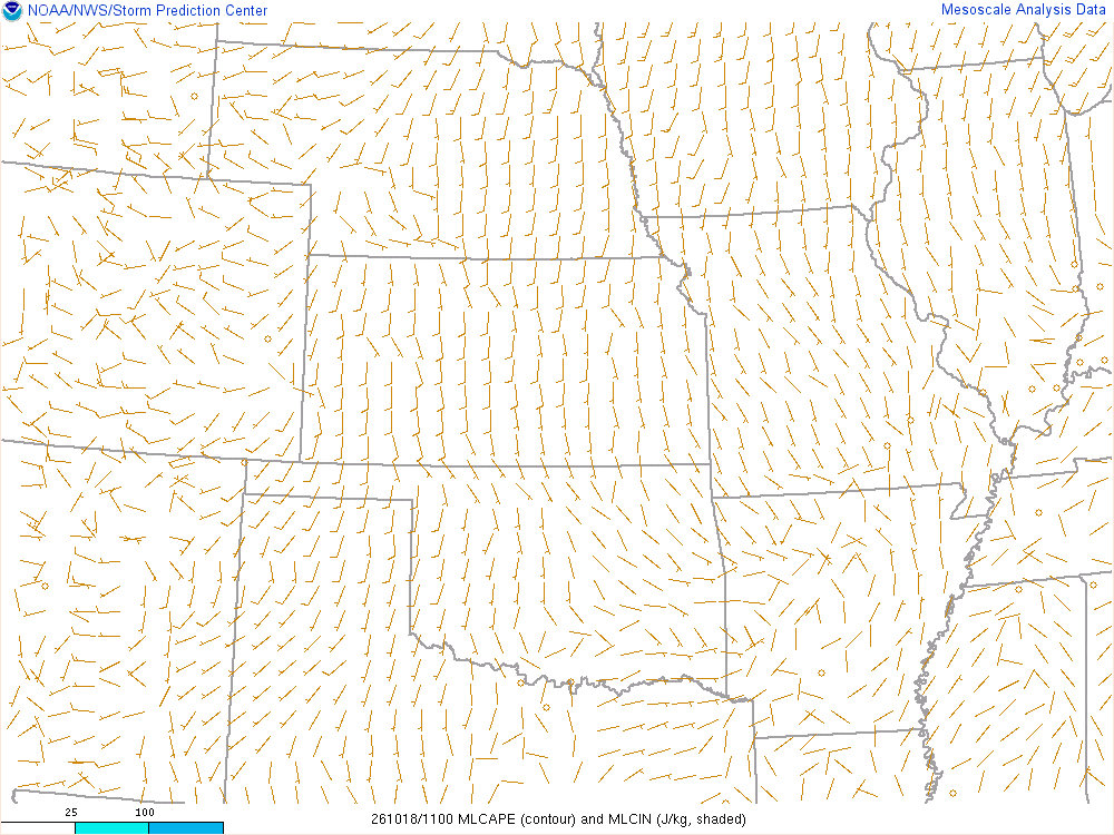 SPC mesoanalysis map, Mixed-layer CAPE and CIN, Central Plains region, analysis for 11Z. Its key and units are in SPC’s picture; what it shows is described beside it.