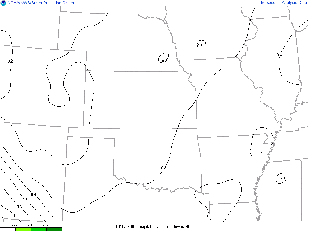 SPC mesoanalysis map, Precipitable water, Central Plains region, analysis for 06Z. Its key and units are in SPC’s picture; what it shows is described beside it.