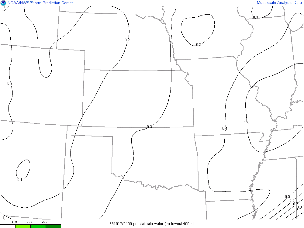 SPC mesoanalysis map, Precipitable water, Central Plains region, analysis for 04Z. Its key and units are in SPC’s picture; what it shows is described beside it.