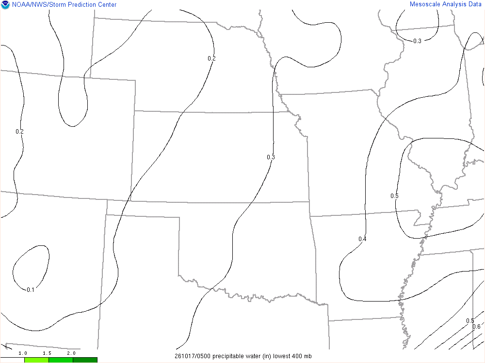 SPC mesoanalysis map, Precipitable water, Central Plains region, analysis for 05Z. Its key and units are in SPC’s picture; what it shows is described beside it.