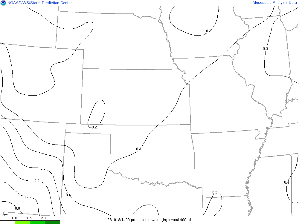 SPC mesoanalysis map, Precipitable water, Central Plains region, analysis for 14Z. Its key and units are in SPC’s picture; what it shows is described beside it.