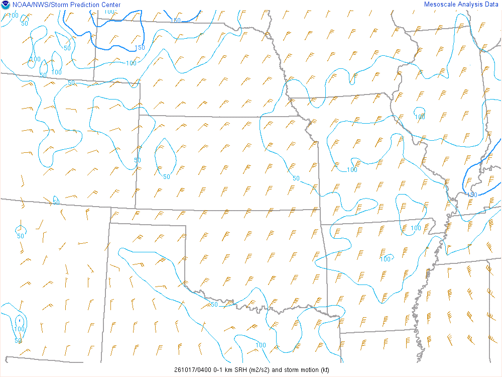 SPC mesoanalysis map, 0–1 km storm-relative helicity, Central Plains region, analysis for 04Z. Its key and units are in SPC’s picture; what it shows is described beside it.