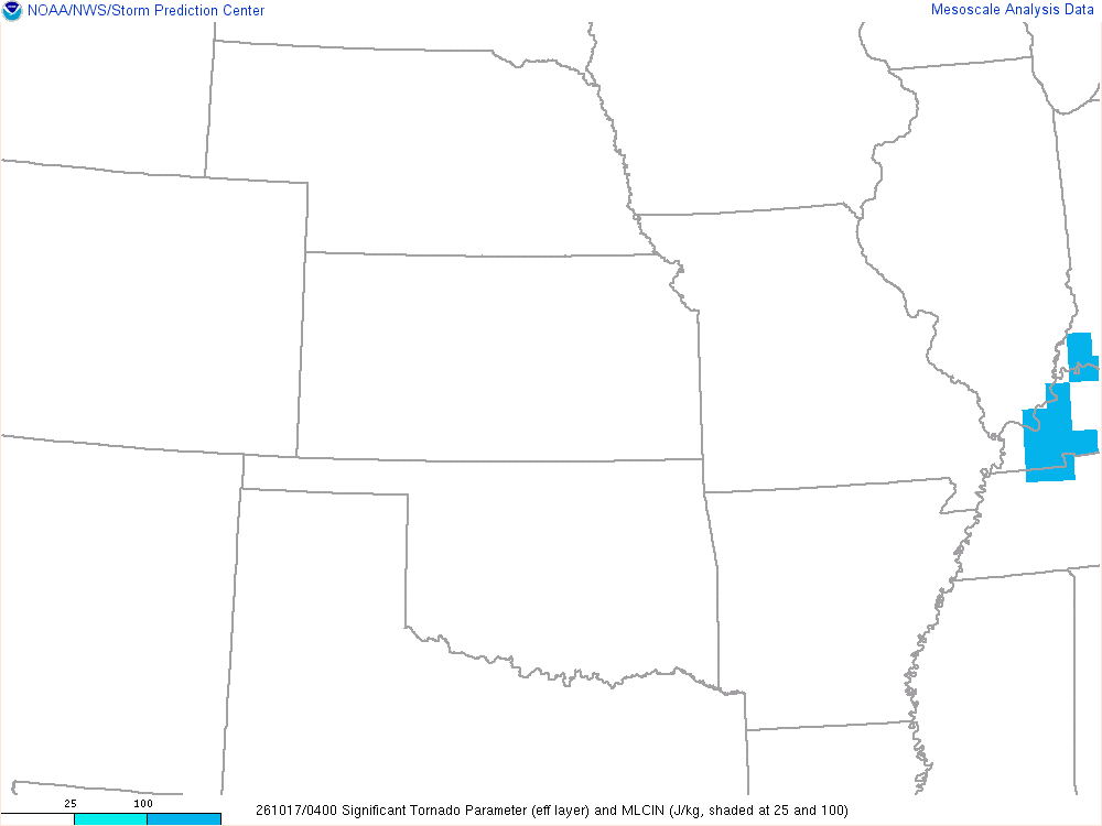 SPC mesoanalysis map, Significant tornado parameter (effective layer), Central Plains region, analysis for 04Z. Its key and units are in SPC’s picture; what it shows is described beside it.