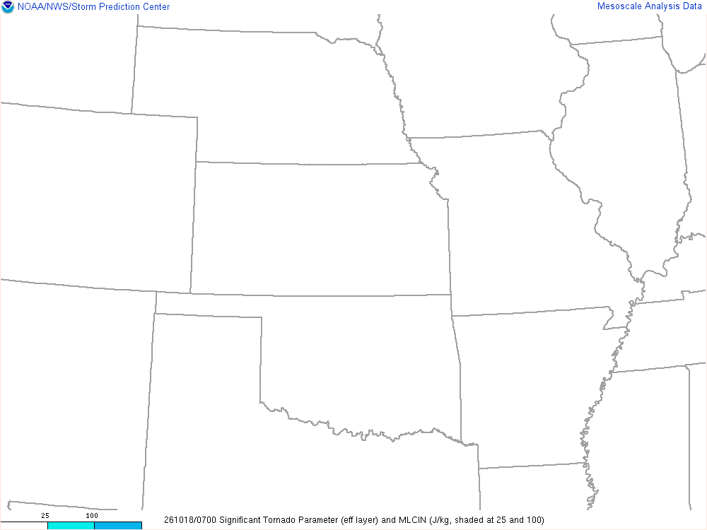 SPC mesoanalysis map, Significant tornado parameter (effective layer), Central Plains region, analysis for 07Z. Its key and units are in SPC’s picture; what it shows is described beside it.
