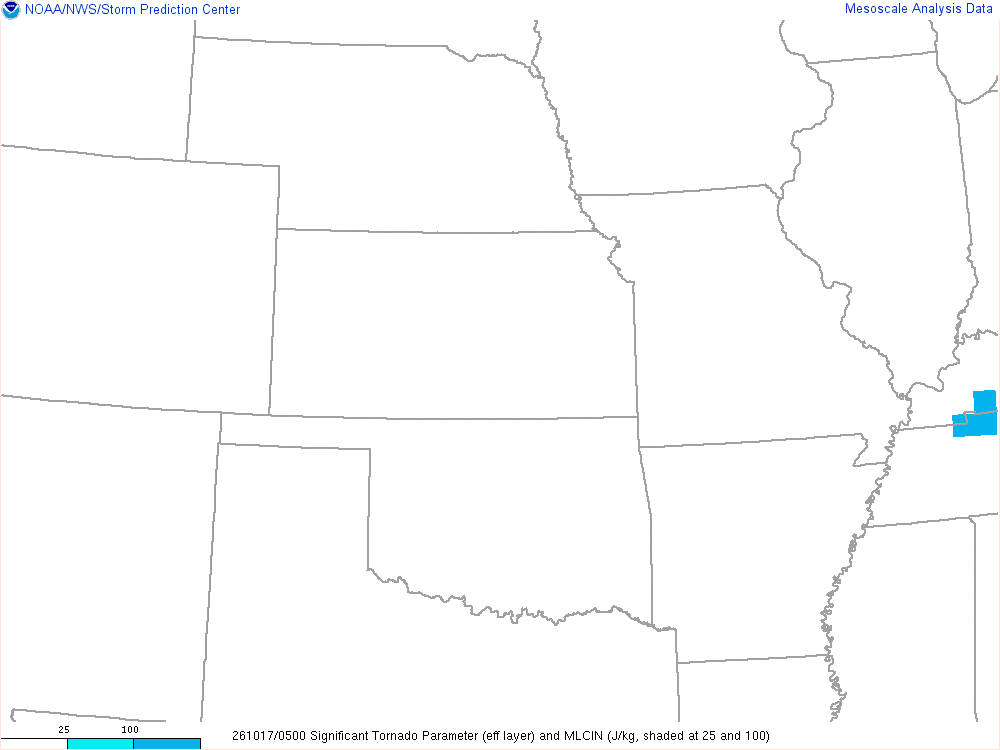 SPC mesoanalysis map, Significant tornado parameter (effective layer), Central Plains region, analysis for 05Z. Its key and units are in SPC’s picture; what it shows is described beside it.