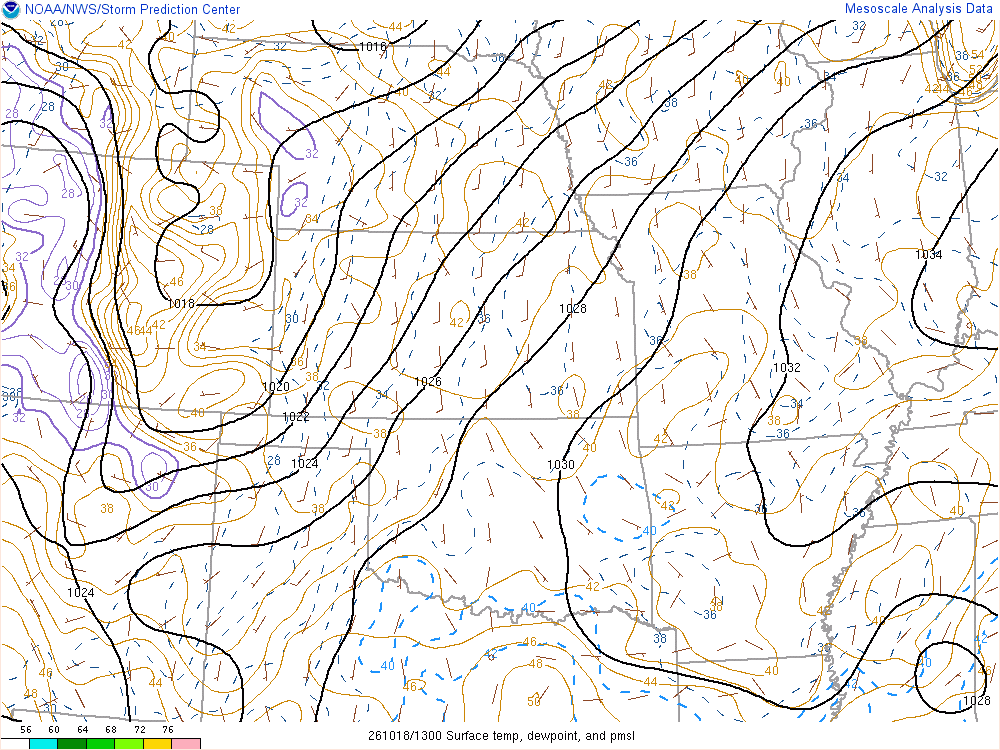 SPC mesoanalysis map, Surface temperature, dew point and sea-level pressure, Central Plains region, analysis for 13Z. Its key and units are in SPC’s picture; what it shows is described beside it.