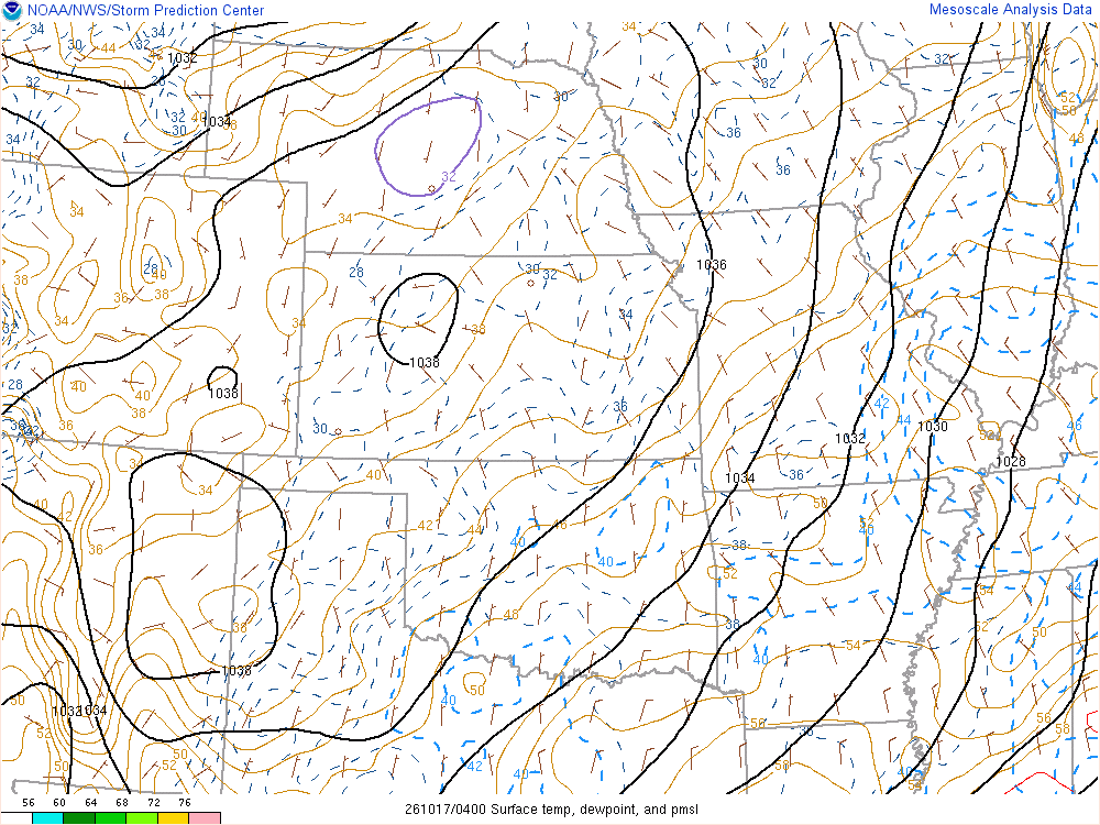 SPC mesoanalysis map, Surface temperature, dew point and sea-level pressure, Central Plains region, analysis for 04Z. Its key and units are in SPC’s picture; what it shows is described beside it.