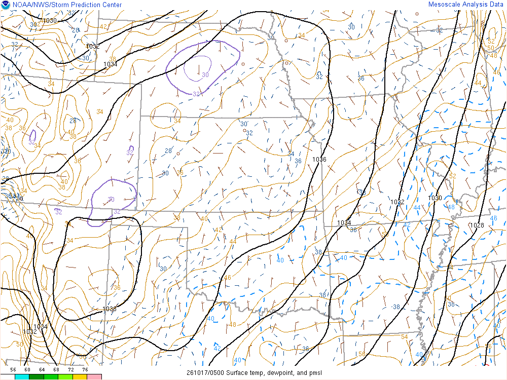 SPC mesoanalysis map, Surface temperature, dew point and sea-level pressure, Central Plains region, analysis for 05Z. Its key and units are in SPC’s picture; what it shows is described beside it.