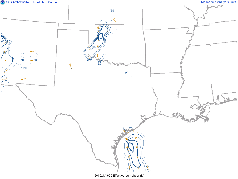 SPC mesoanalysis map, Effective bulk shear, Southern Plains region, analysis for 16Z. Its key and units are in SPC’s picture; what it shows is described beside it.