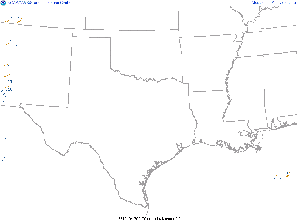 SPC mesoanalysis map, Effective bulk shear, Southern Plains region, analysis for 17Z. Its key and units are in SPC’s picture; what it shows is described beside it.