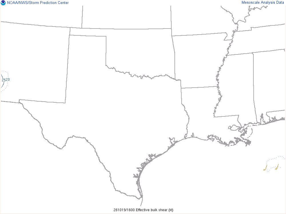 SPC mesoanalysis map, Effective bulk shear, Southern Plains region, analysis for 16Z. Its key and units are in SPC’s picture; what it shows is described beside it.