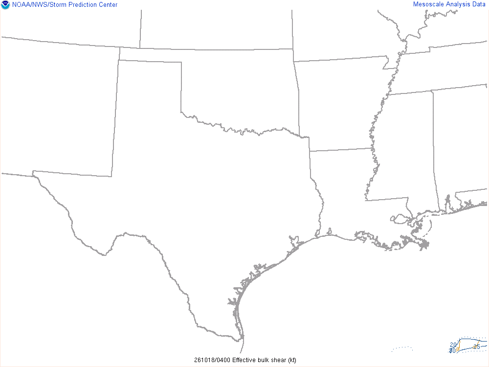 SPC mesoanalysis map, Effective bulk shear, Southern Plains region, analysis for 04Z. Its key and units are in SPC’s picture; what it shows is described beside it.