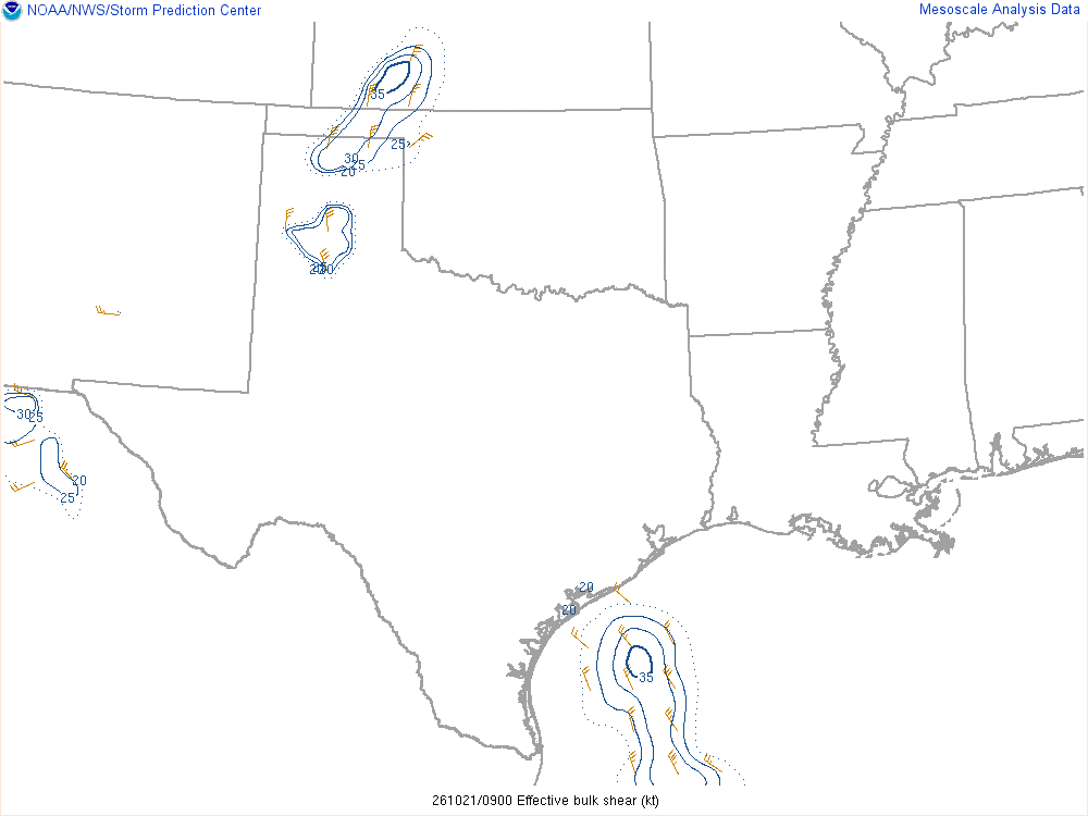 SPC mesoanalysis map, Effective bulk shear, Southern Plains region, analysis for 09Z. Its key and units are in SPC’s picture; what it shows is described beside it.