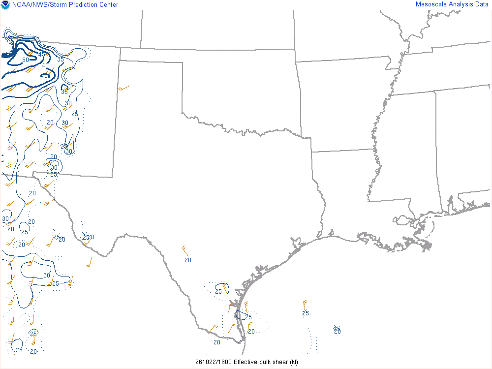 SPC mesoanalysis map, Effective bulk shear, Southern Plains region, analysis for 16Z. Its key and units are in SPC’s picture; what it shows is described beside it.