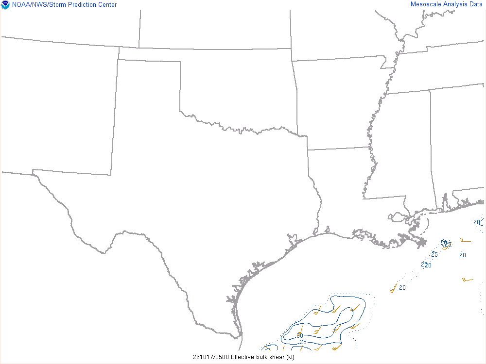 SPC mesoanalysis map, Effective bulk shear, Southern Plains region, analysis for 05Z. Its key and units are in SPC’s picture; what it shows is described beside it.