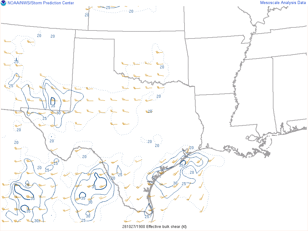 SPC mesoanalysis map, Effective bulk shear, Southern Plains region, analysis for 19Z. Its key and units are in SPC’s picture; what it shows is described beside it.